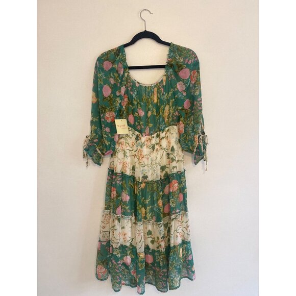 NWT Fig And Flower Green & Cream Floral Boho Tiered Midi Dress W/ Tie Neck Size - Picture 6 of 7